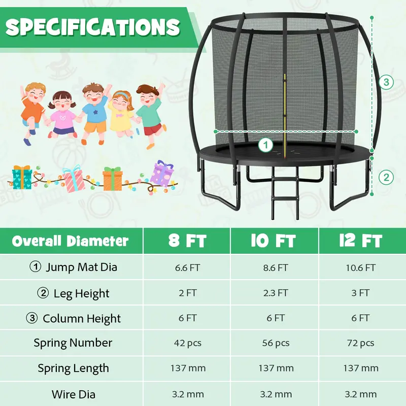 8FT / 10FT / 12FT Outdoor Trampoline – 400 lb Capacity Enclosed Recreational Bounce Platform