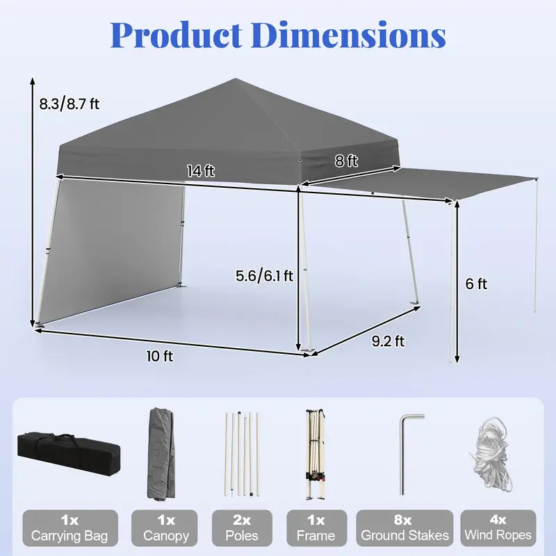 9.2' x 14' Pop-Up Canopy Tent – UPF50+ Outdoor Shelter with Two Sidewalls & Adjustable Slant Legs