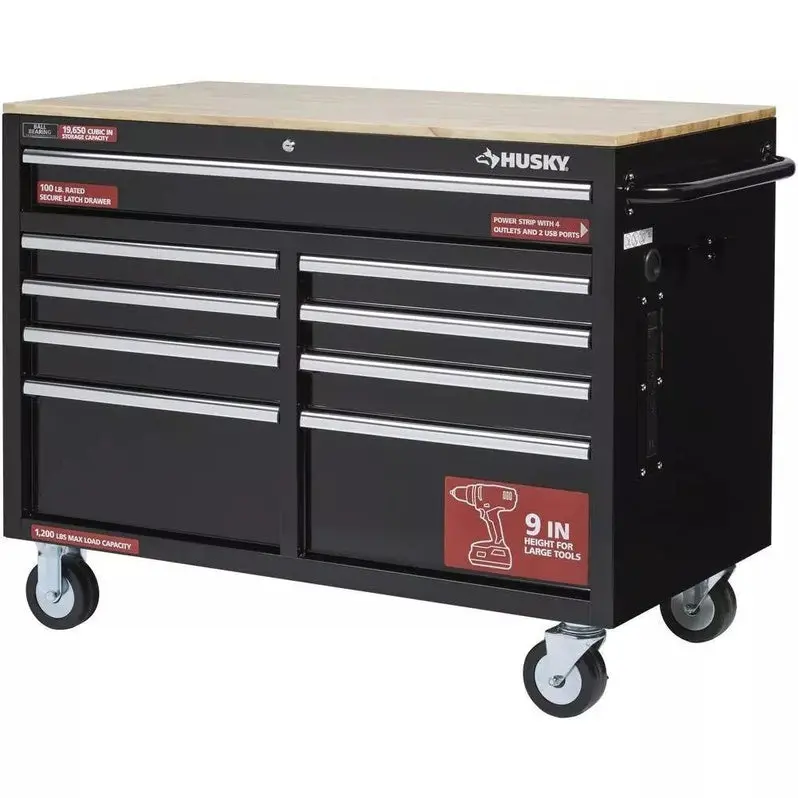 9-Drawer Gloss Black Mobile Tool Chest – 46" W x 24" D Deep Workbench