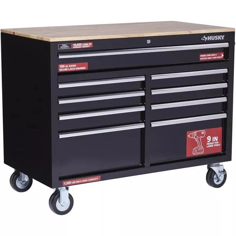 9-Drawer Gloss Black Mobile Tool Chest – 46" W x 24" D Deep Workbench