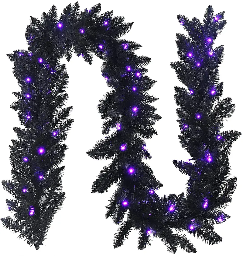 9-Foot Black Halloween Garland with Integrated LED Lights – Festive Indoor/Outdoor Décor