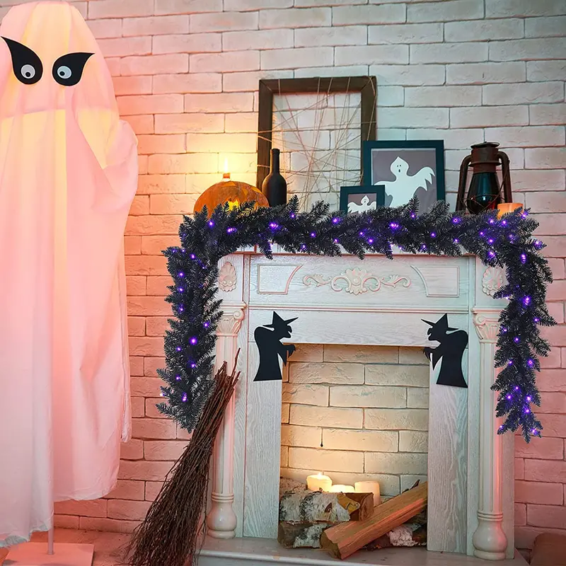 9-Foot Black Halloween Garland with Integrated LED Lights – Festive Indoor/Outdoor Décor 2