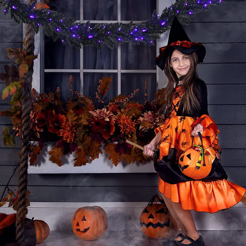 9-Foot Black Halloween Garland with Integrated LED Lights – Festive Indoor/Outdoor Décor