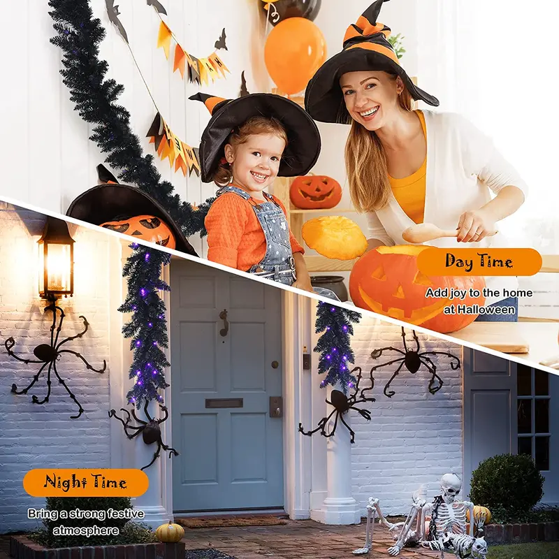 9-Foot Black Halloween Garland with Integrated LED Lights – Festive Indoor/Outdoor Décor