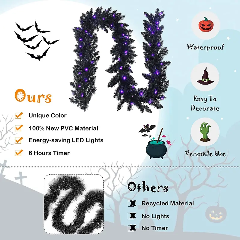 9-Foot Black Halloween Garland with Integrated LED Lights – Festive Indoor/Outdoor Décor