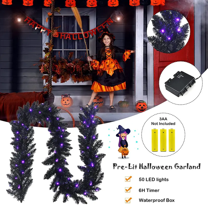 9-Foot Black Halloween Garland with Integrated LED Lights – Festive Indoor/Outdoor Décor