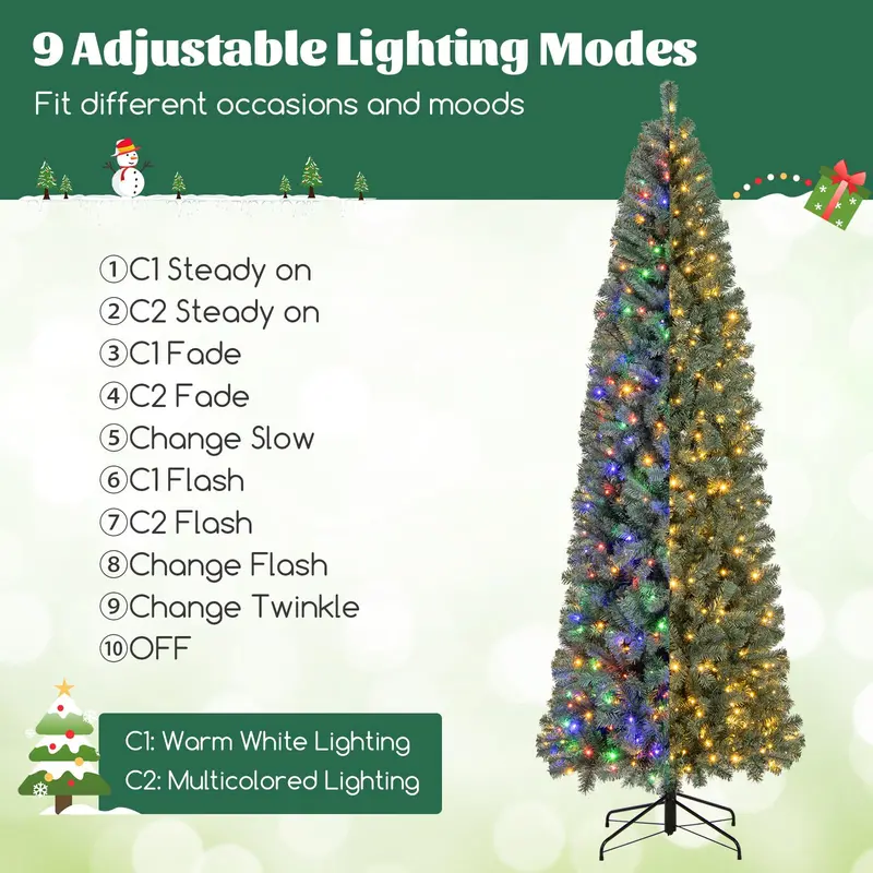 9-Foot Blue Slim Pencil Christmas Tree – Pre-Lit with 500 Warm White & Multicolor LEDs, 9 Modes, 1168 Branch Tips 2