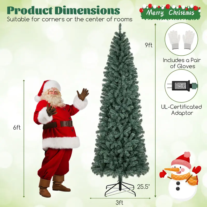 9-Foot Blue Slim Pencil Christmas Tree – Pre-Lit with 500 Warm White & Multicolor LEDs, 9 Modes, 1168 Branch Tips