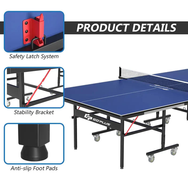 9-Foot by 5-Foot Foldable Ping Pong Table – Regulation-Sized Table Tennis Set with Quick-Release Net, Posts, and Mobility Wheels
