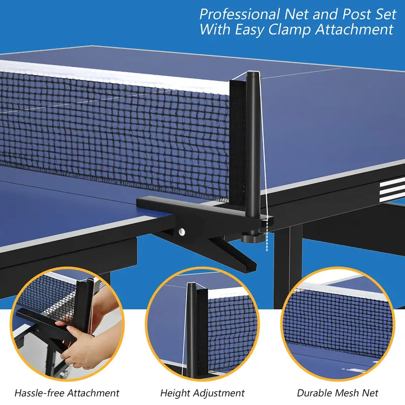 9-Foot by 5-Foot Foldable Ping Pong Table – Regulation-Sized Table Tennis Set with Quick-Release Net, Posts, and Mobility Wheels