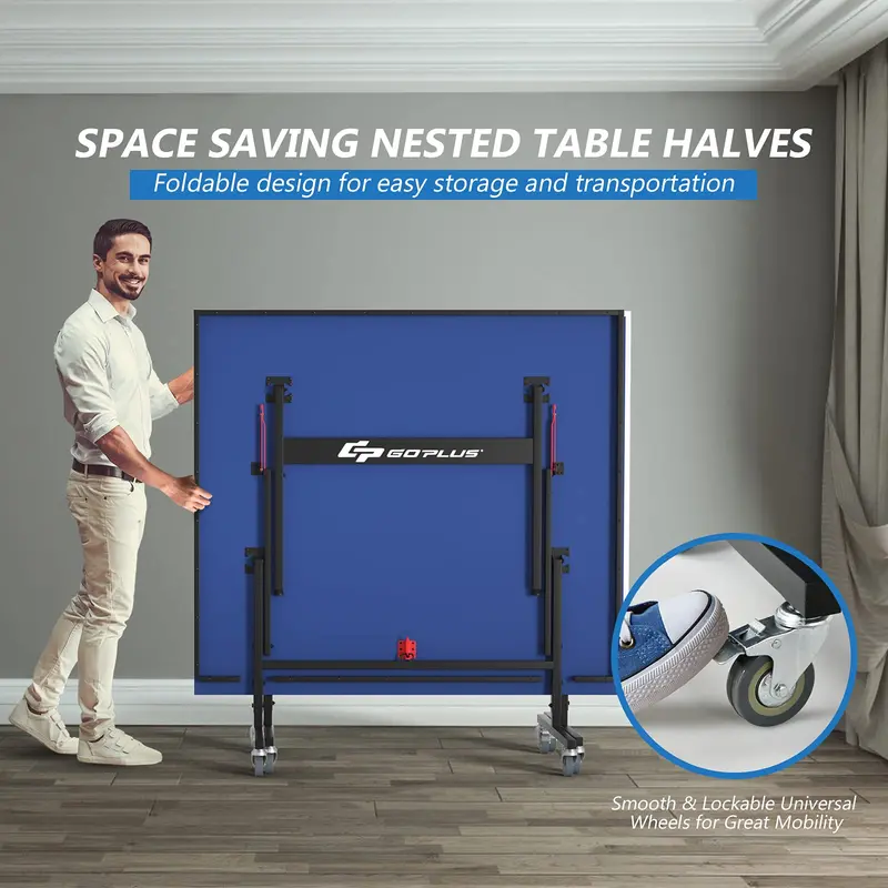 9-Foot by 5-Foot Foldable Ping Pong Table – Regulation-Sized Table Tennis Set with Quick-Release Net, Posts, and Mobility Wheels