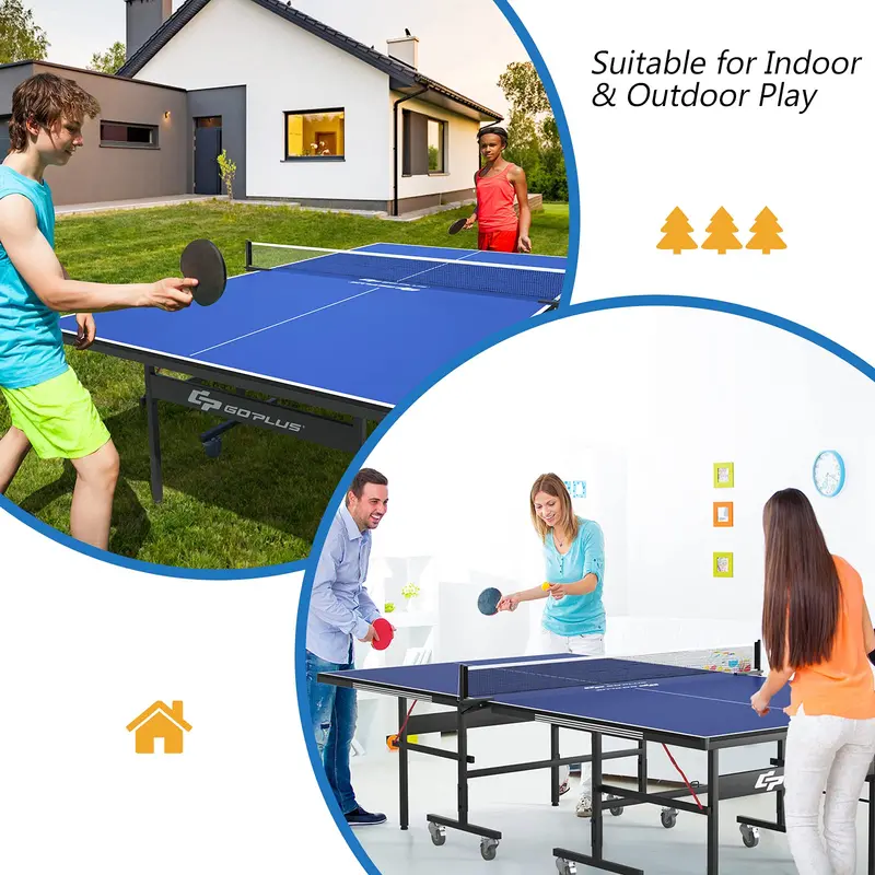 9-Foot by 5-Foot Foldable Ping Pong Table – Regulation-Sized Table Tennis Set with Quick-Release Net, Posts, and Mobility Wheels