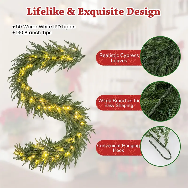 9-Foot Pre-Lit Cypress Garland – Festive Holiday Decor with 50 Warm White LEDs & 130 Lifelike Branch Tips