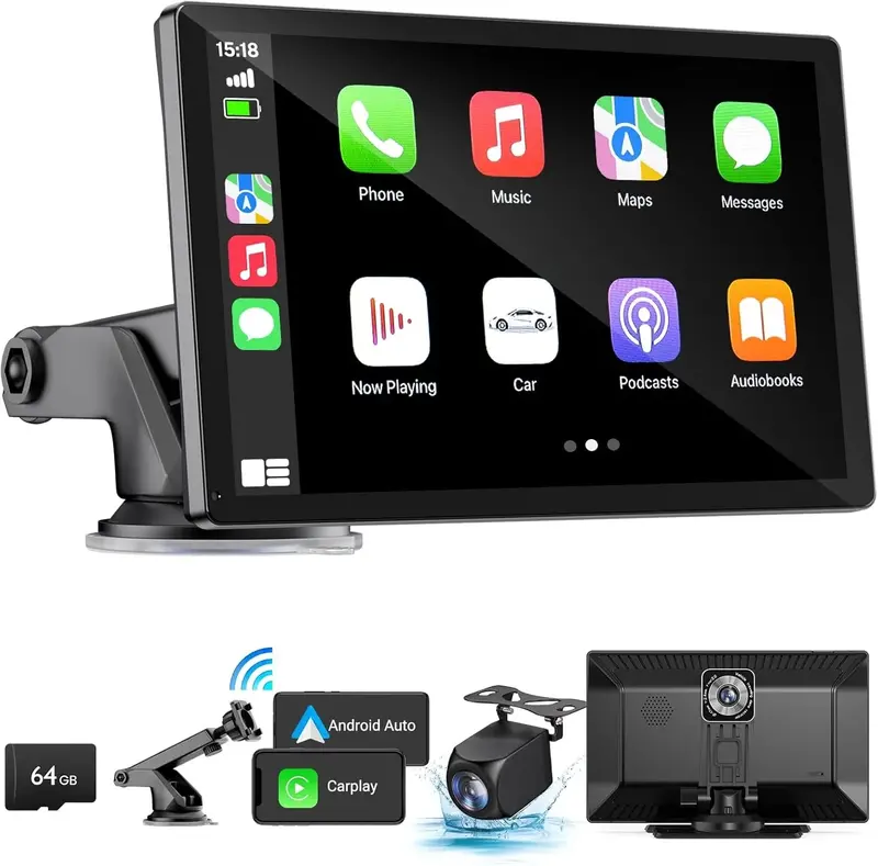 9-Inch Wireless Apple CarPlay & Android Auto Head Unit – 4K Dash Cam Stereo with 1080p Backup Camera, GPS, Voice Control & Bluetooth