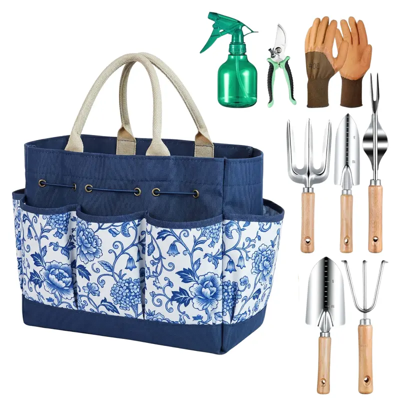 9-Piece Floral-Themed Garden Tool Set with Carry Tote and Essential Hand Tools 2