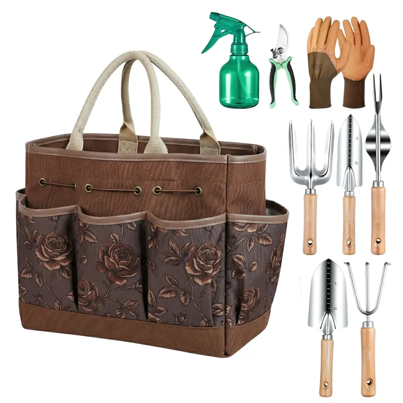 9-Piece Floral-Themed Garden Tool Set with Carry Tote and Essential Hand Tools