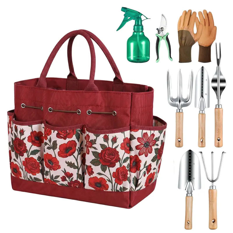 9-Piece Floral-Themed Garden Tool Set with Carry Tote and Essential Hand Tools