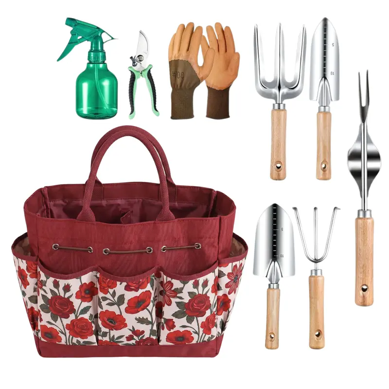9-Piece Floral-Themed Garden Tool Set with Carry Tote and Essential Hand Tools
