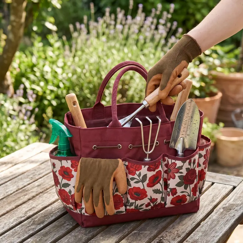 9-Piece Floral-Themed Garden Tool Set with Carry Tote and Essential Hand Tools