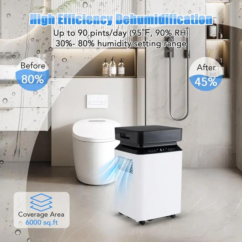 90-Pint Energy-Efficient Dehumidifier – Basement & Home Model with Continuous Drain & Auto Mode (Up to 6,000 Sq. Ft)