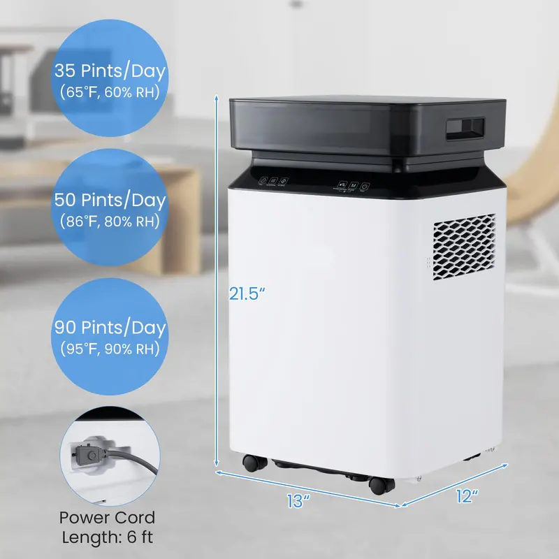 90-Pint Energy-Efficient Dehumidifier – Basement & Home Model with Continuous Drain & Auto Mode (Up to 6,000 Sq. Ft)