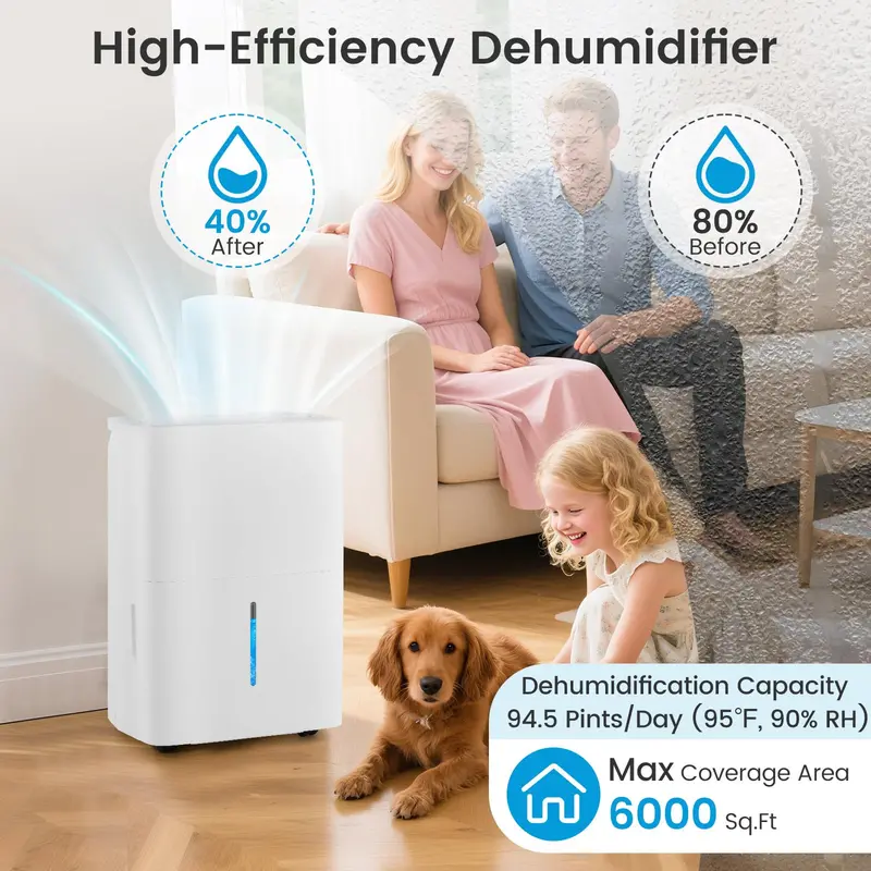 94.5-Pint Dehumidifier for Large Spaces – Covers Up to 6,000 Sq. Ft (Basements, Bathrooms)