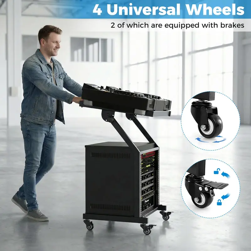 9U DJ Mixer Stand with Brake-Locked Wheels and Studio-Grade Equipment Support