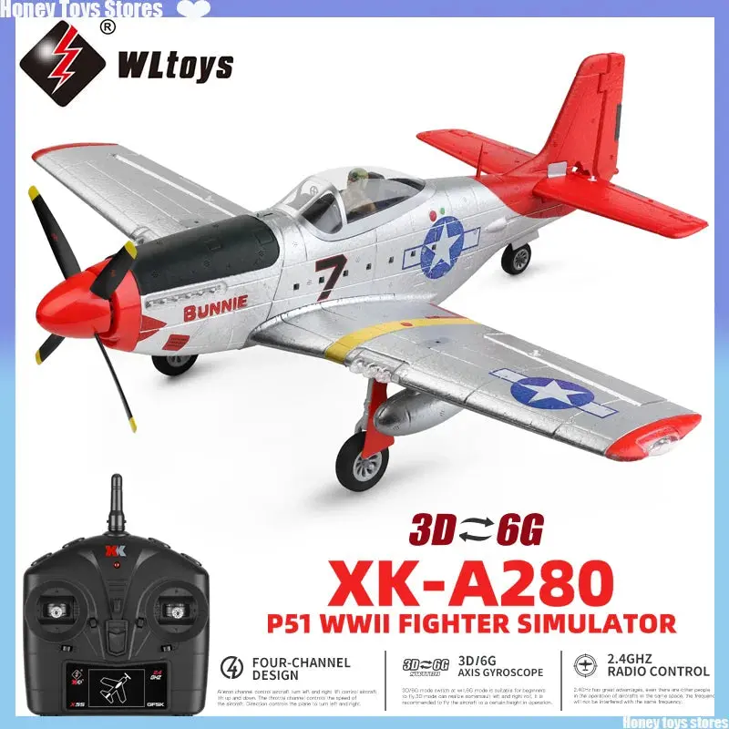 A280 RC Fighter Plane – 2.4 GHz 4-Channel P-51 Mustang Model with 3D/6G Flight Modes & LED Searchlight
