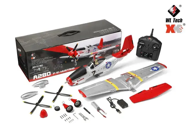 A280 RC Fighter Plane – 2.4 GHz 4-Channel P-51 Mustang Model with 3D/6G Flight Modes & LED Searchlight