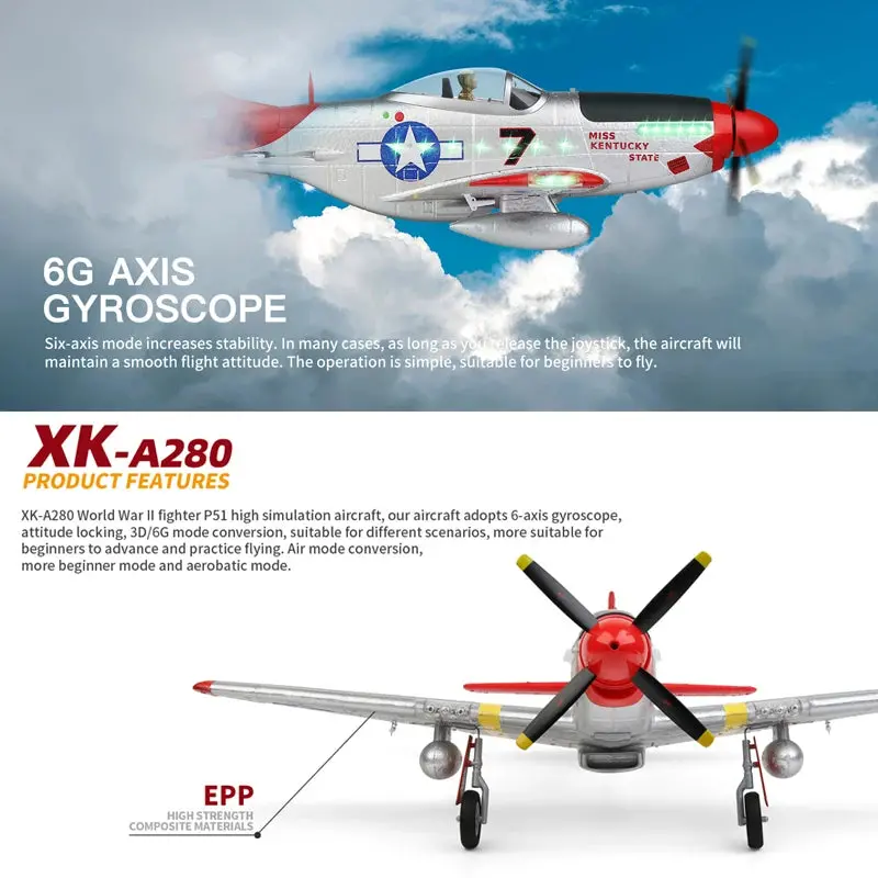 A280 RC Fighter Plane – 2.4 GHz 4-Channel P-51 Mustang Model with 3D/6G Flight Modes & LED Searchlight