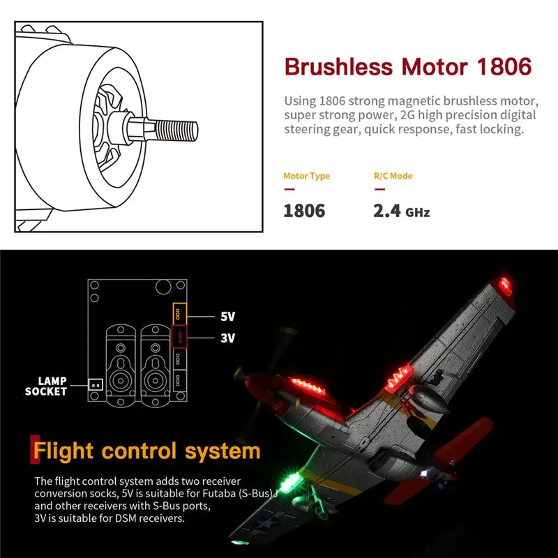A280 RC Fighter Plane – 2.4 GHz 4-Channel P-51 Mustang Model with 3D/6G Flight Modes & LED Searchlight