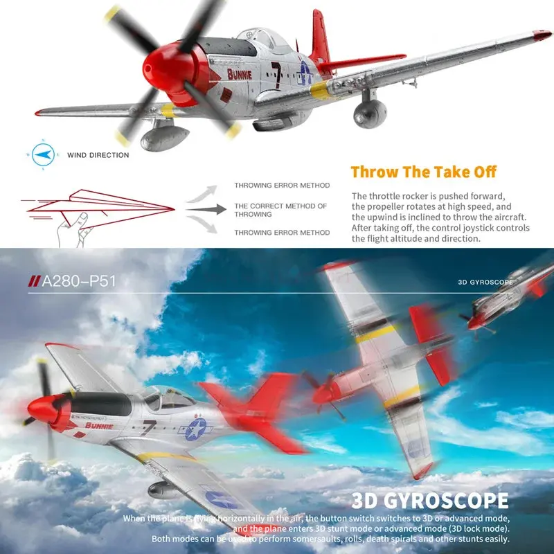 A280 RC Fighter Plane – 2.4 GHz 4-Channel P-51 Mustang Model with 3D/6G Flight Modes & LED Searchlight