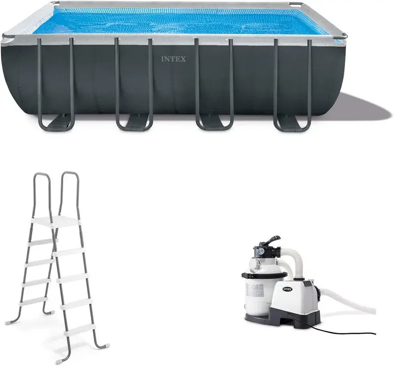 Above-Ground Rectangular Swimming Pool Kit with 1200 GPH Sand Filter Pump, Protective Cover, and Safety Ladder