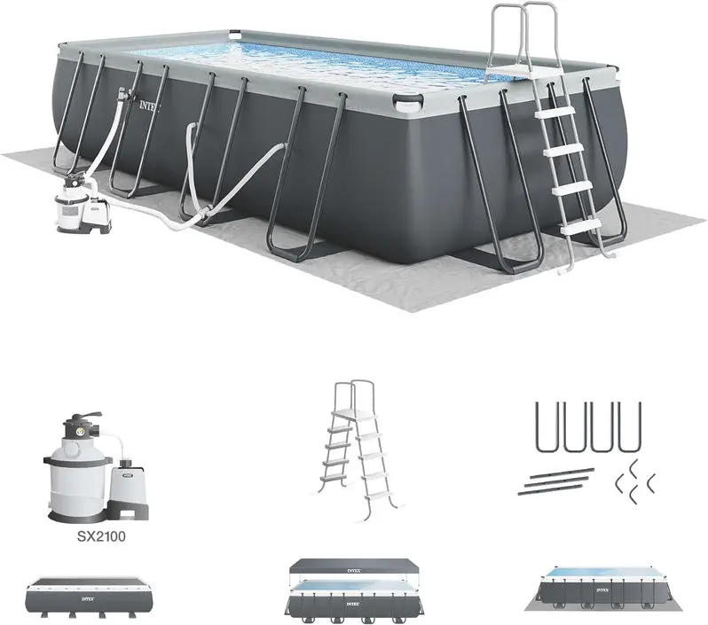 Above-Ground Rectangular Swimming Pool Kit with 1200 GPH Sand Filter Pump, Protective Cover, and Safety Ladder
