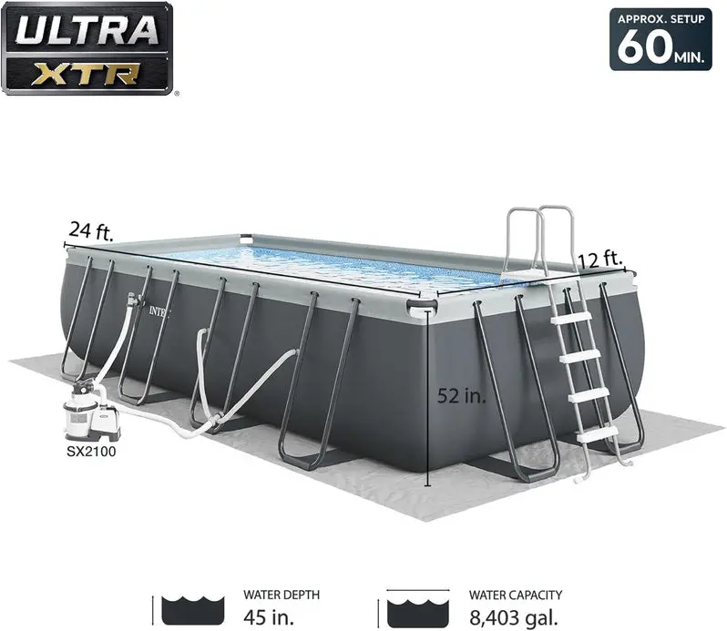 Above-Ground Rectangular Swimming Pool Kit with 1200 GPH Sand Filter Pump, Protective Cover, and Safety Ladder