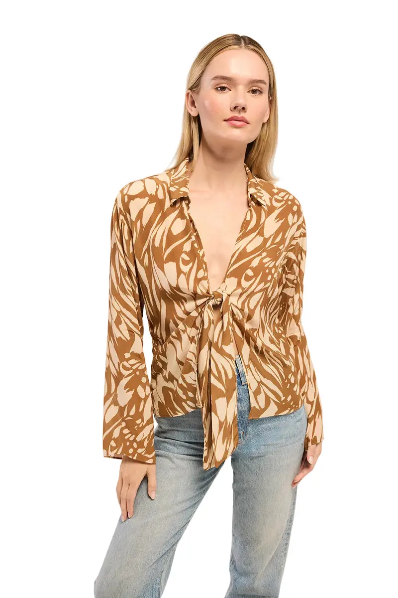 Abstract Tie-Front Short Sleeve Top – Artistic Print Top with Adjustable Knot Detail at Waist