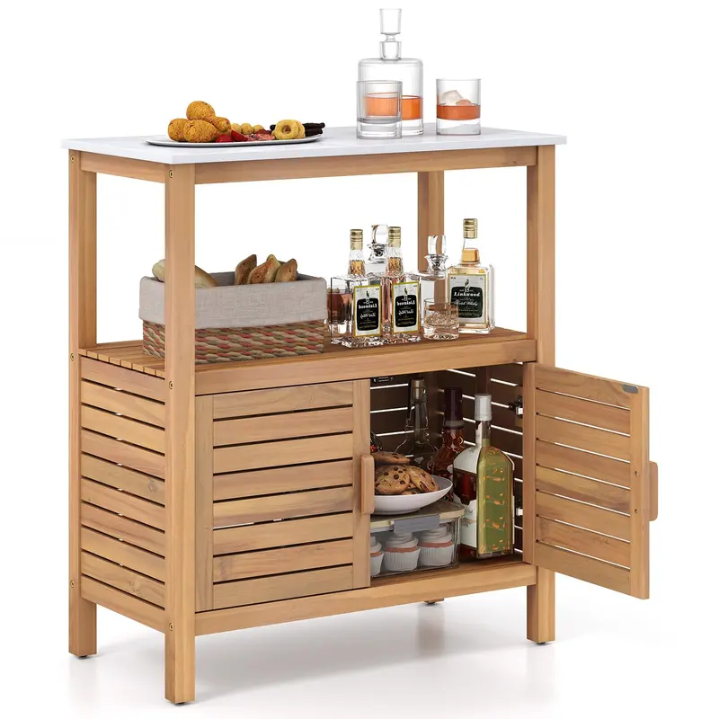 Acacia Wood Outdoor Buffet Cabinet – Marble-Effect Countertop Sideboard (31.5" x 16" x 35.5")