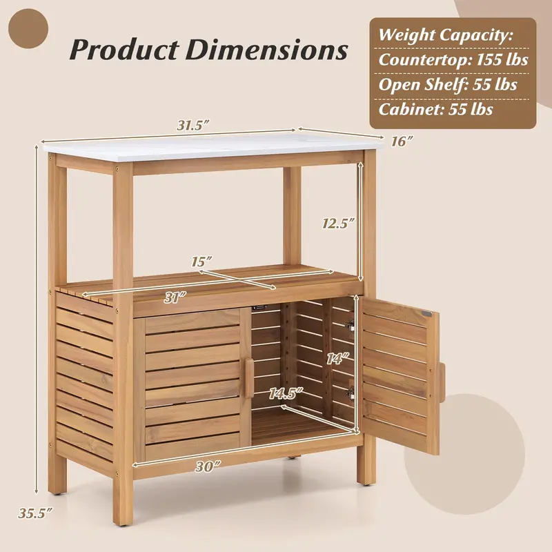 Acacia Wood Outdoor Buffet Cabinet – Marble-Effect Countertop Sideboard (31.5" x 16" x 35.5")