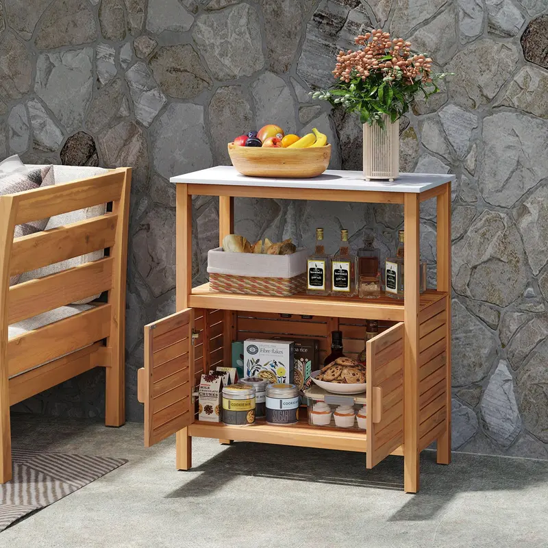Acacia Wood Outdoor Buffet Cabinet – Marble-Effect Countertop Sideboard (31.5" x 16" x 35.5")