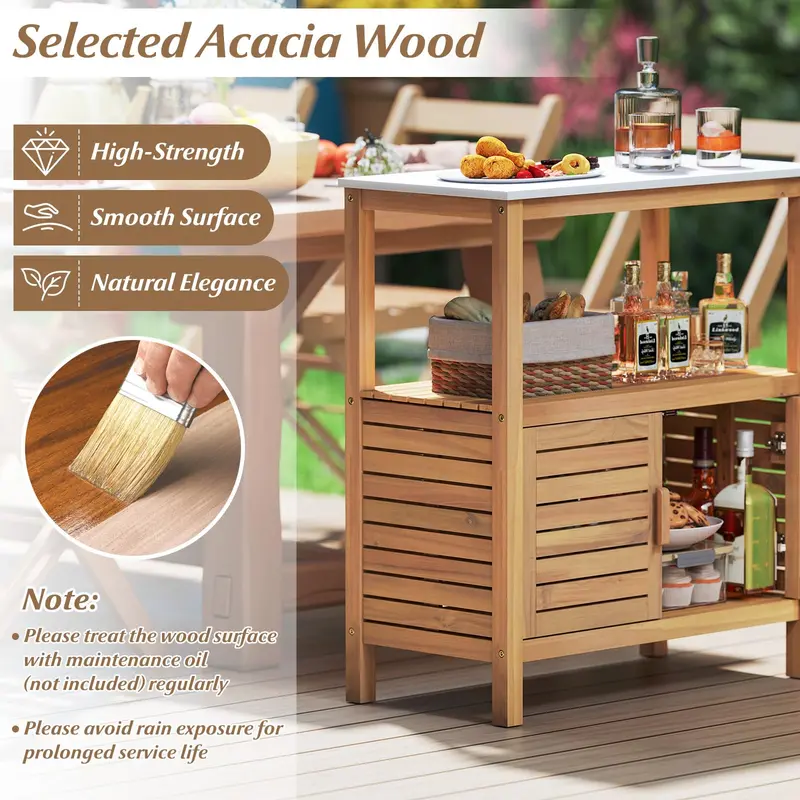 Acacia Wood Outdoor Buffet Cabinet – Marble-Effect Countertop Sideboard (31.5" x 16" x 35.5")