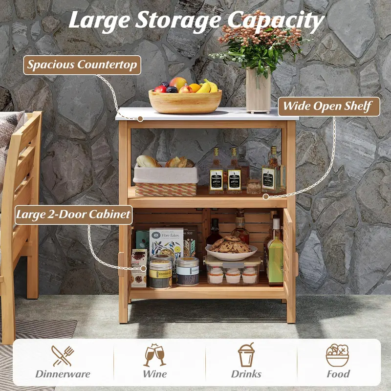 Acacia Wood Outdoor Buffet Cabinet – Marble-Effect Countertop Sideboard (31.5" x 16" x 35.5")