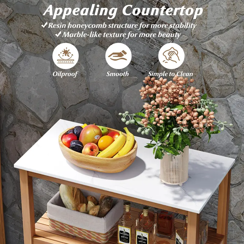 Acacia Wood Outdoor Buffet Cabinet – Marble-Effect Countertop Sideboard (31.5" x 16" x 35.5")