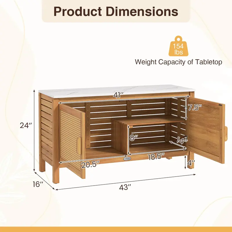 Acacia Wood Outdoor Storage Cabinet with Faux Marble Top and Weather-Resistant Finish 2