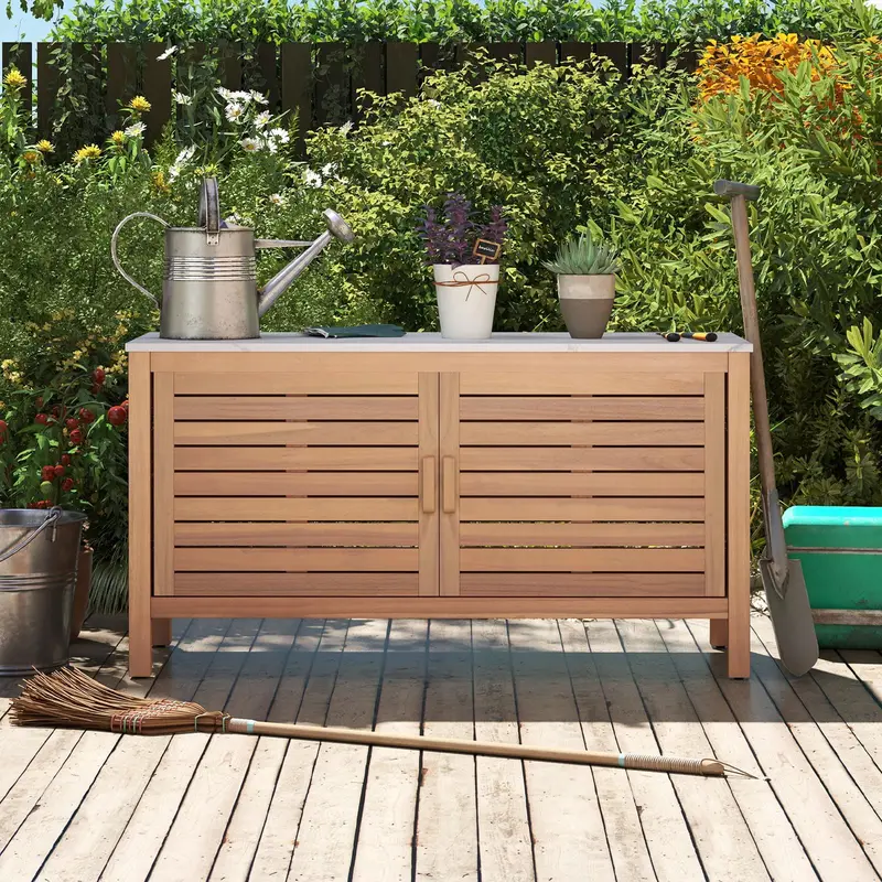 Acacia Wood Patio Storage Cabinet with Two Doors and Faux Marble Top 2