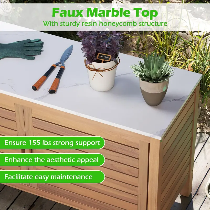 Acacia Wood Patio Storage Cabinet with Two Doors and Faux Marble Top