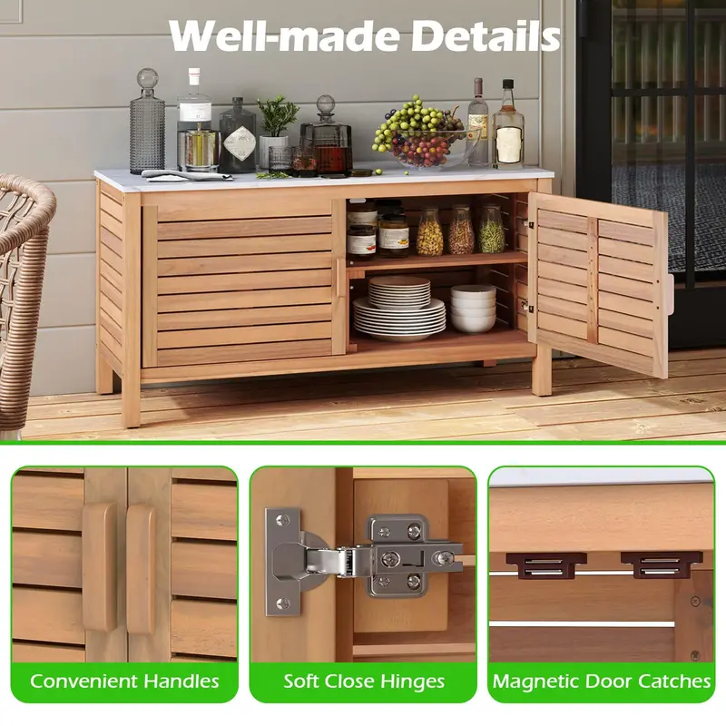 Acacia Wood Patio Storage Cabinet with Two Doors and Faux Marble Top