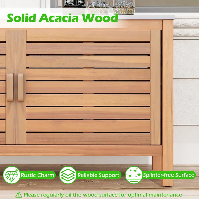 Acacia Wood Patio Storage Cabinet with Two Doors and Faux Marble Top