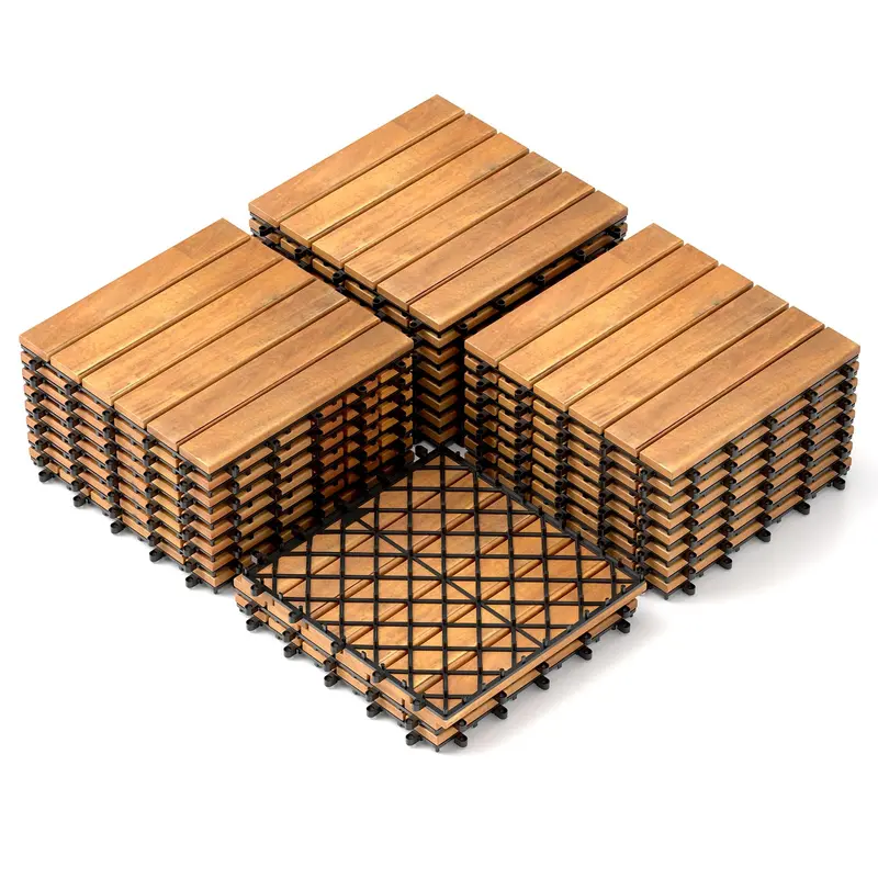 Acacia Wood Patio Tile Set — 27 Pieces of 12"×12" Stripe-Design Tiles