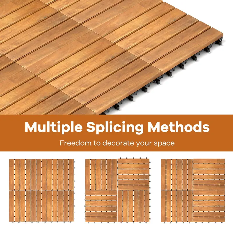 Acacia Wood Patio Tile Set — 27 Pieces of 12"×12" Stripe-Design Tiles