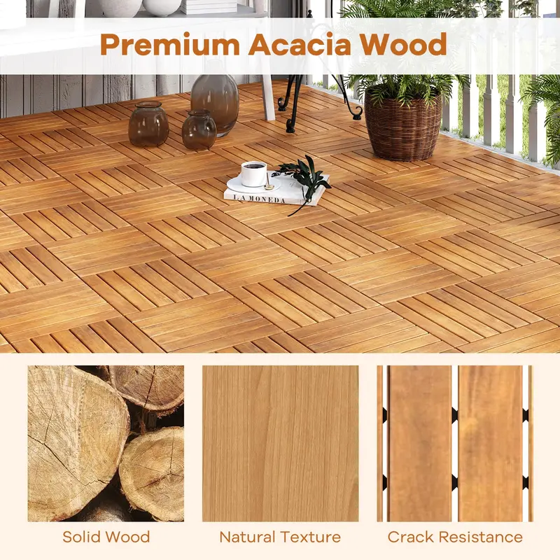 Acacia Wood Patio Tile Set — 27 Pieces of 12"×12" Stripe-Design Tiles